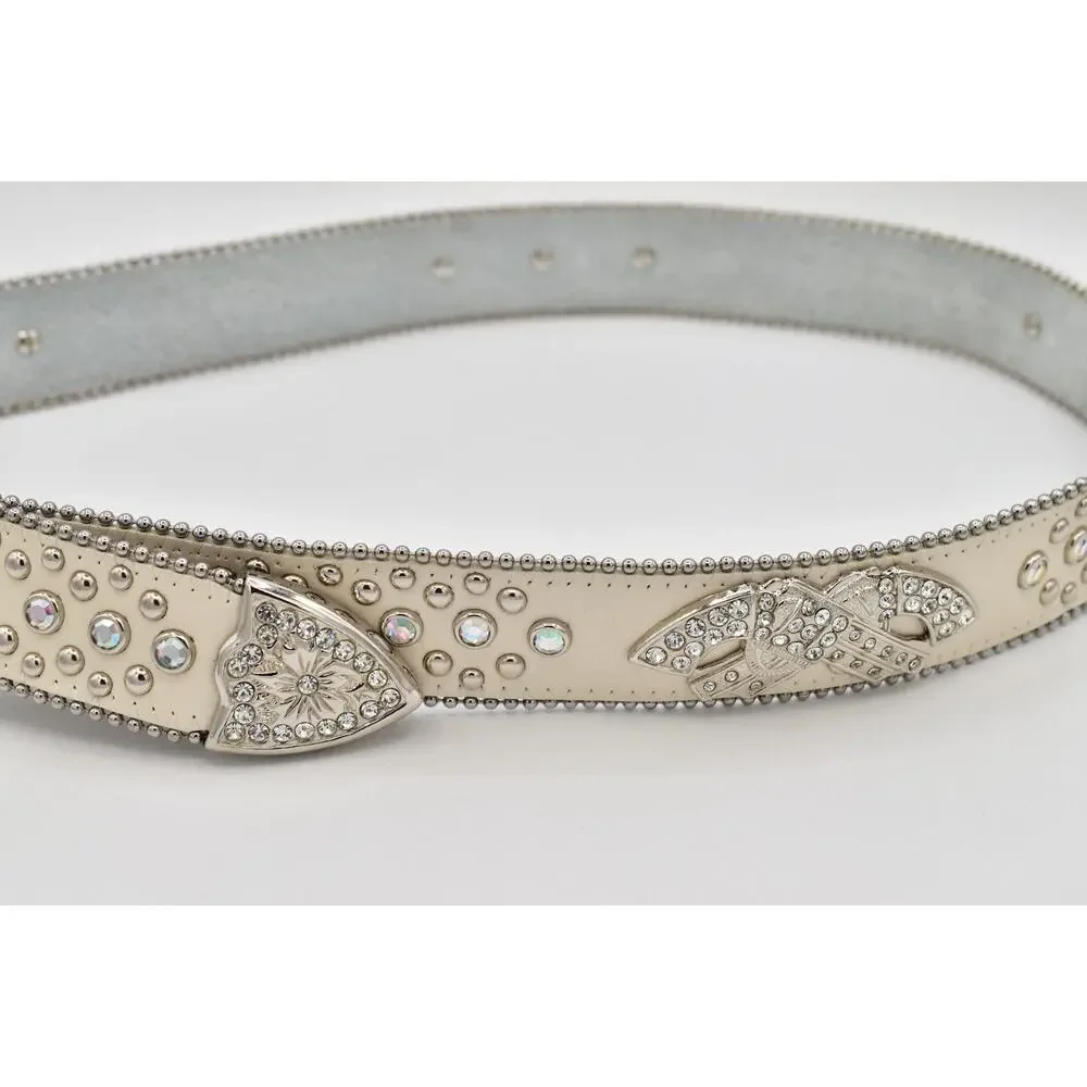 Cream Genuine Leather Rhinestone Western Belt M/L Silver Studded Crystal Y2K
